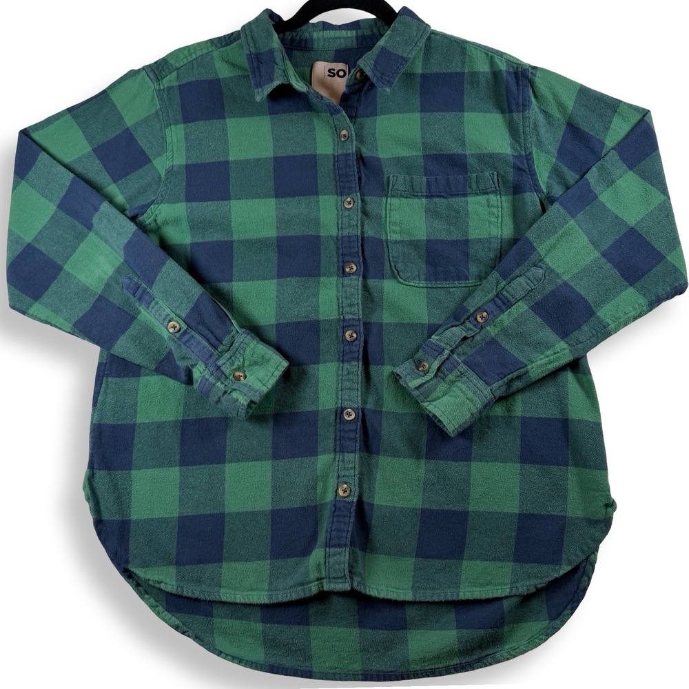 Cabincore Green Navy Buffalo Plaid Cotton Flannel Shirt Womens Small Outdoorsy